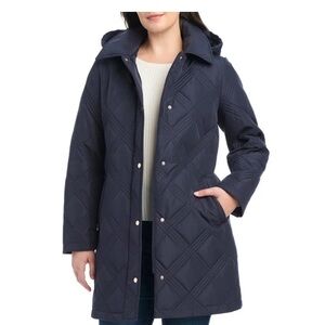 Jones New York Women's Belted Quilt Jacket w/ Removable Hood, Blue size large